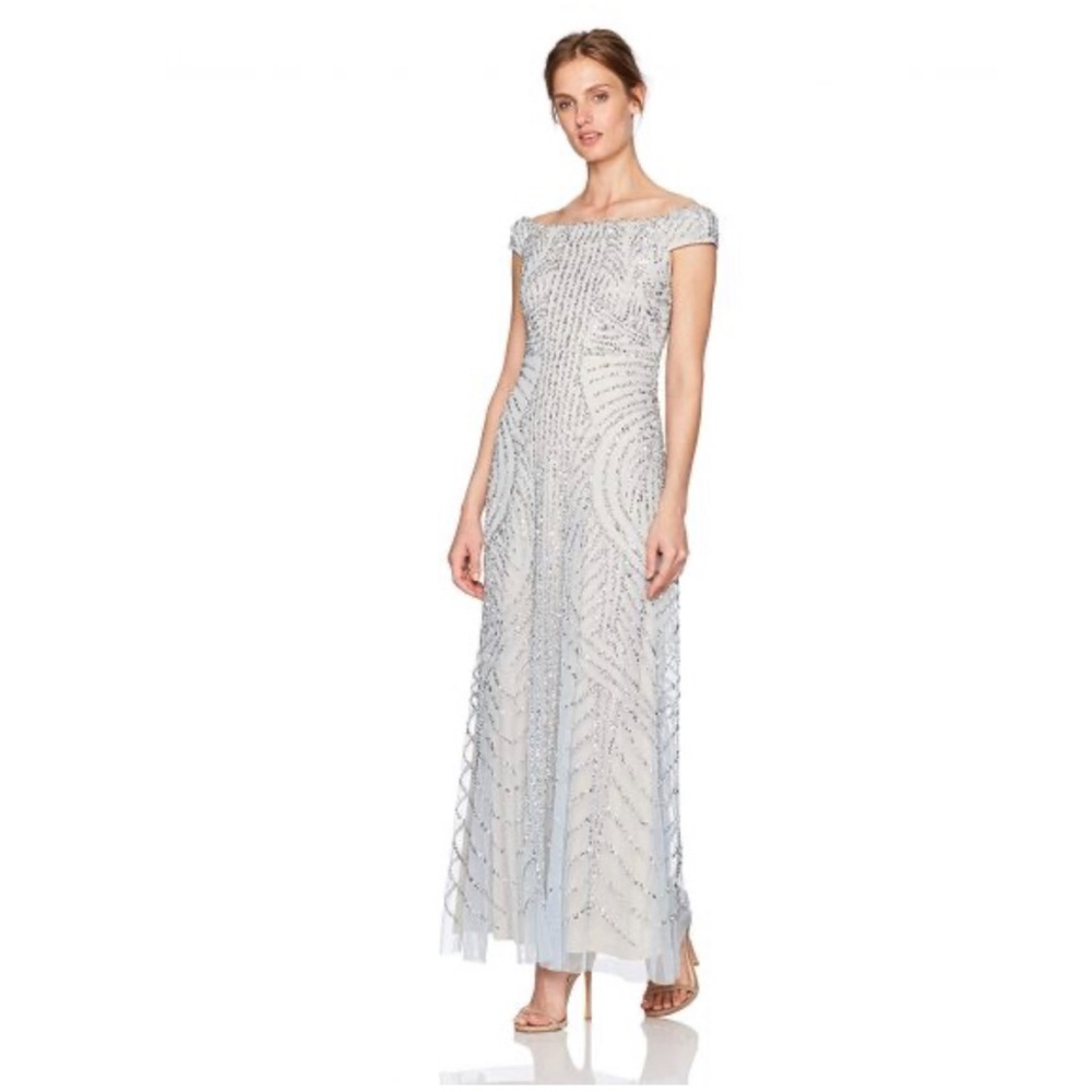 Adrianna Papell Pale Blue Beaded Off-Shoulder Maxi Gown